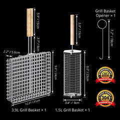Rectangular grill basket with food inside on a grill