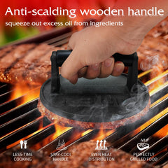 RELHP Burger Smasher on grill with burgers cooking