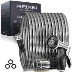 Relxitl 25FT Metal Garden Hose front view, grey color
