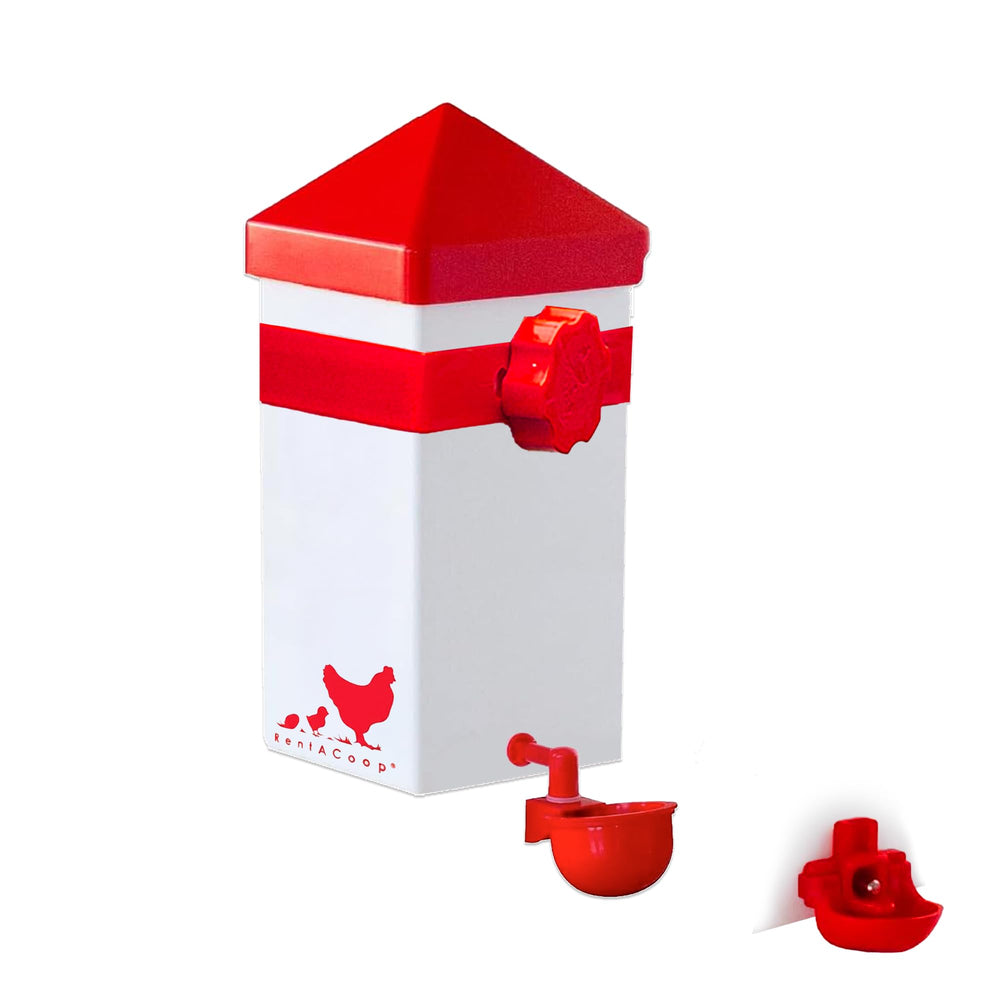 RentACoop 32oz Automatic Drinker front view with auto-fill cup