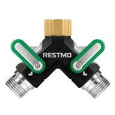 Restmo 2 Way Garden Hose Splitter front view with brass inlet