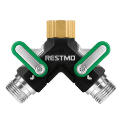 Restmo 2 Way Garden Hose Splitter front view with brass inlet
