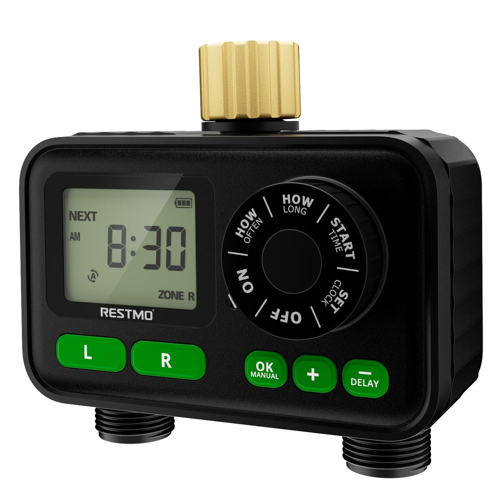 Restmo 2-Zone Programmable Sprinkler Timer front view with large dial
