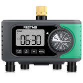 Restmo 4-Zone Sprinkler Timer front view with brass inlet