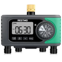 Restmo 4-Zone Sprinkler Timer front view with brass inlet
