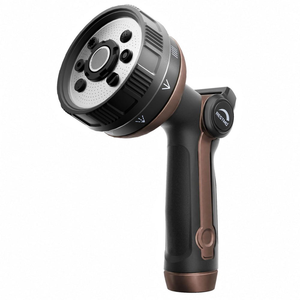 Restmo Garden Hose Nozzle front view with ergonomic design