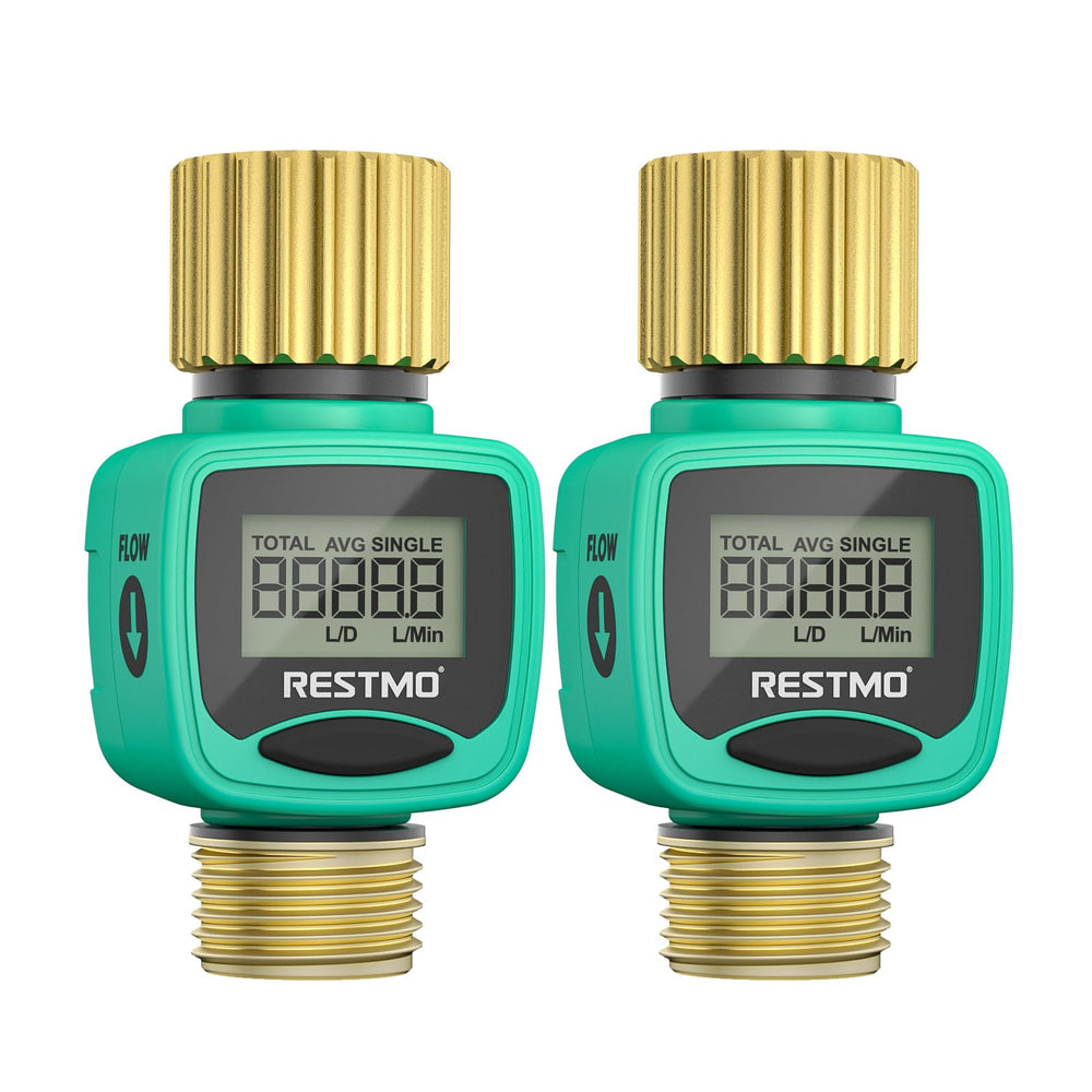 Restmo Water Flow Meter front view with LCD display