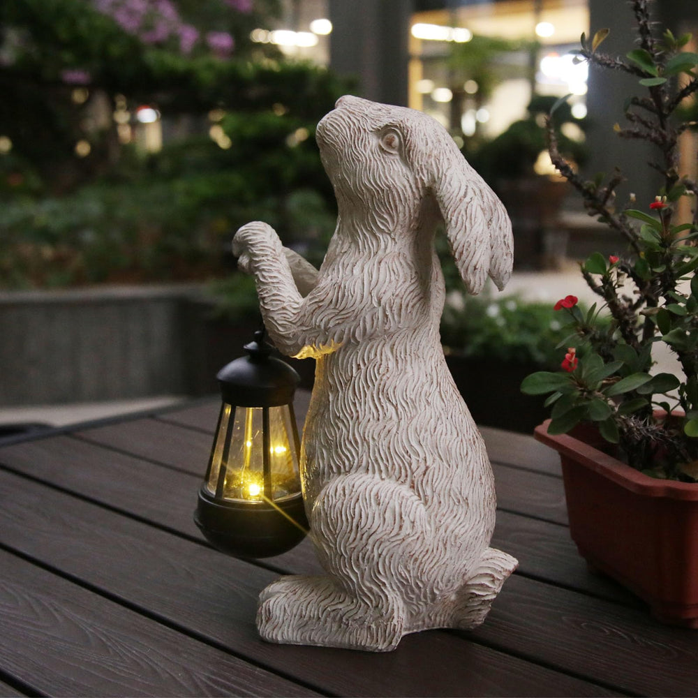 REYISO garden statue rabbit with solar lantern front view