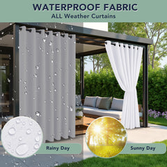 RichSets outdoor curtains white, hanging on a patio rail