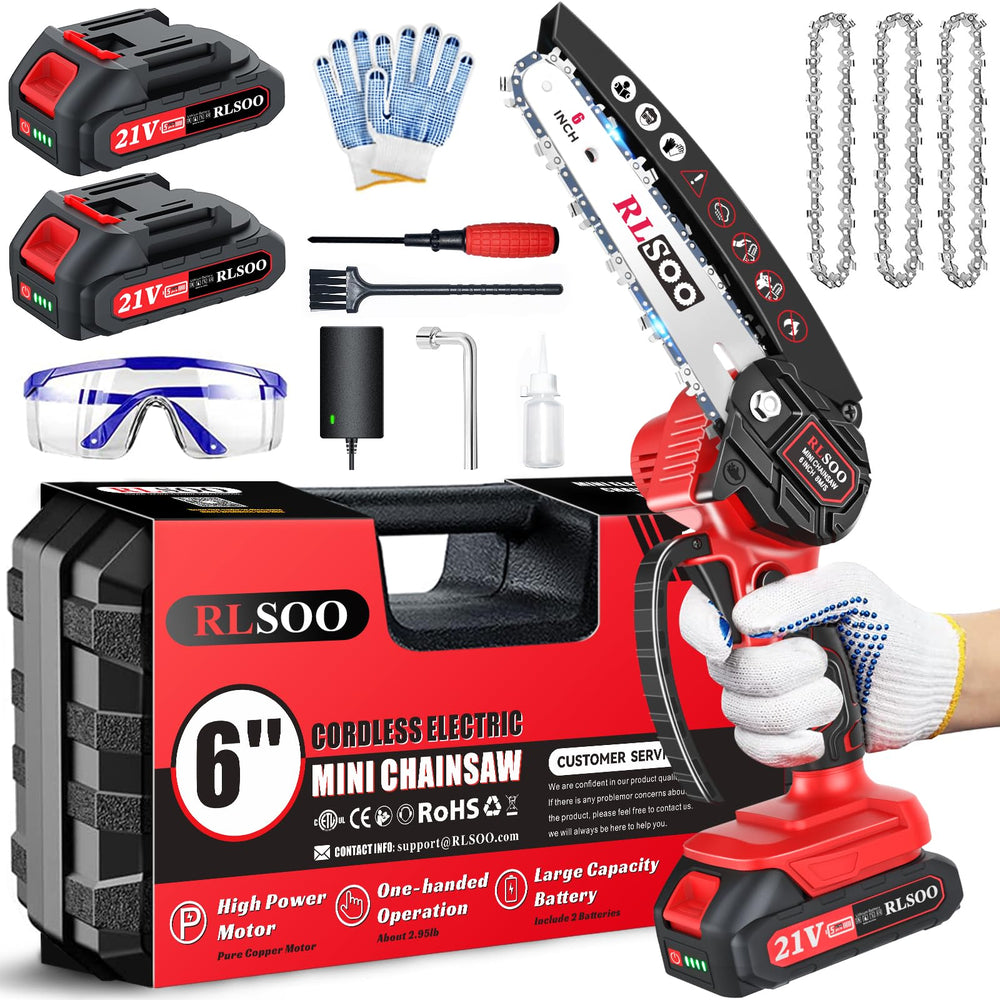 RLSOO Mini Chainsaw 6 inch front view with battery
