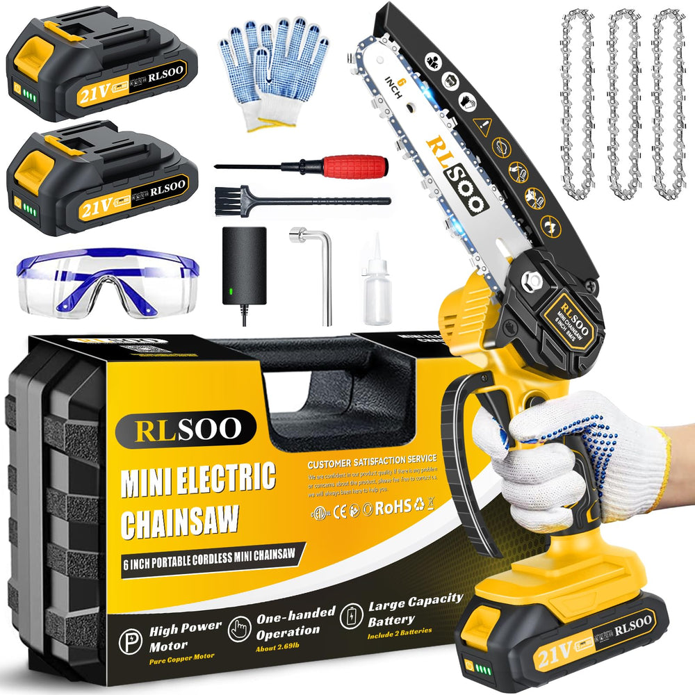 RLSOO Mini Chainsaw front view with yellow finish