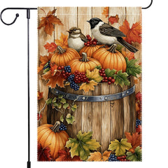 RMXJKIIU Fall Chickadee Garden Flag front view with autumn design