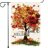 RMXJKIIU Hello Fall Garden Flag front view with autumn tree design