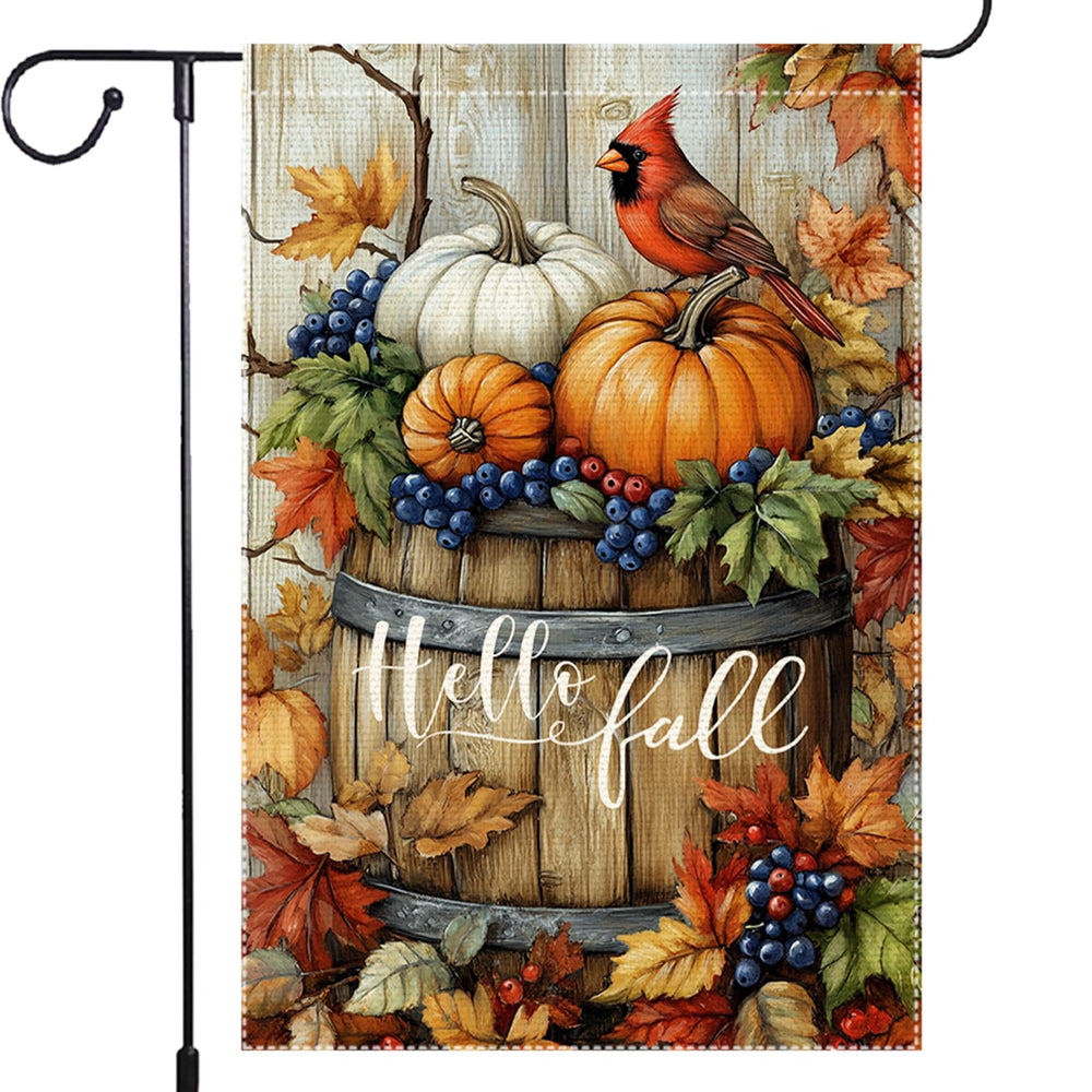 RMXJKIIU Welcome Fall Cardinal Garden Flag front view with pumpkins and autumn leaves
