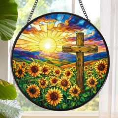 Rngmsi 8 Inch Cross Sunflower Stained Glass Suncatcher front view