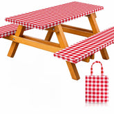 RNOONY Vinyl Fitted Picnic Table Cover Set with Red Checkered Design