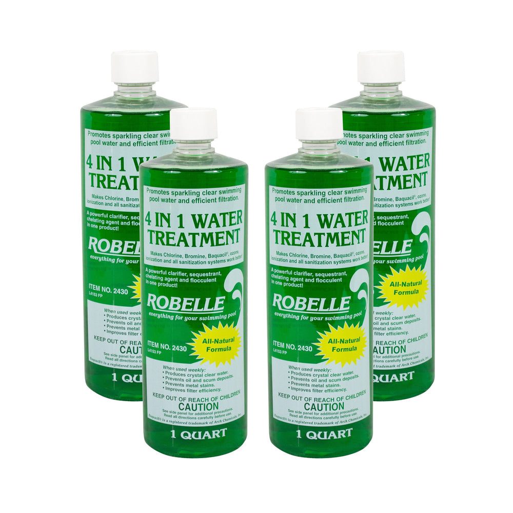 Robelle 4-Pack 4-In-1 Pool Clarifier liquid bottles front view