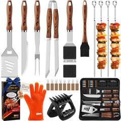 ROMANTICIST 23pcs BBQ Tool Set with stainless steel utensils in brown carrying bag