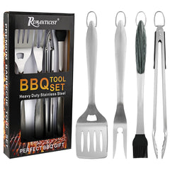 ROMANTICIST 4pc Heavy Duty Grill Accessories Set including spatula, fork, tongs, and basting brush