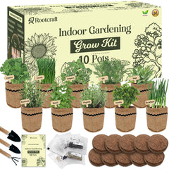 ROOTCRAFT 10 Herb Garden Planter Kit with burlap pots and tools
