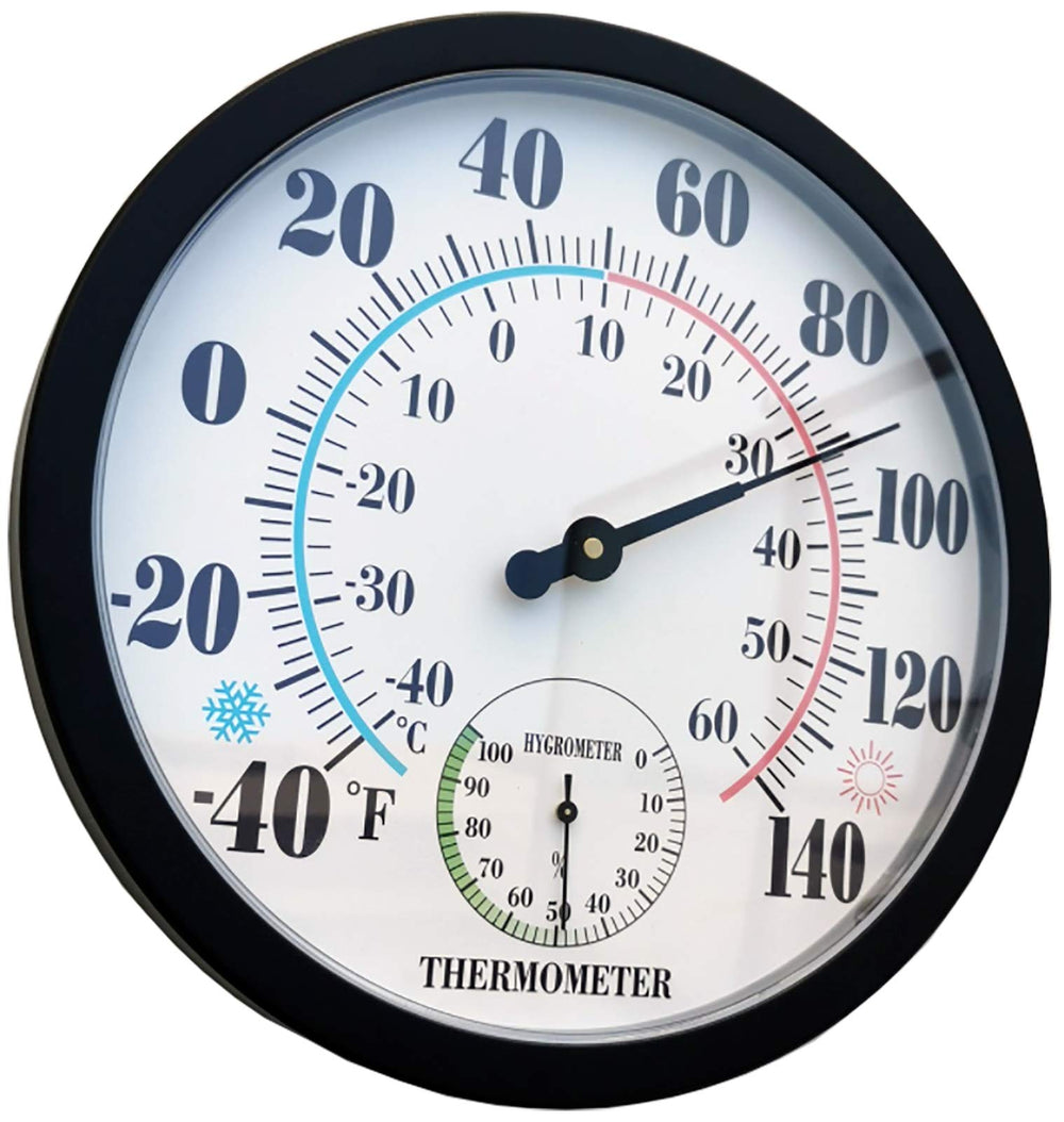 RTWAW 10 Inch Indoor Outdoor Thermometer front view with black dial