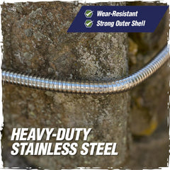 RUGGED RHINO Metal Garden Hose connected to a faucet