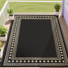 RURALITY Outdoor Rug 9x12 waterproof black and beige design front view