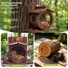 RUSTICIRON Wooden Squirrel Feeder with food inside