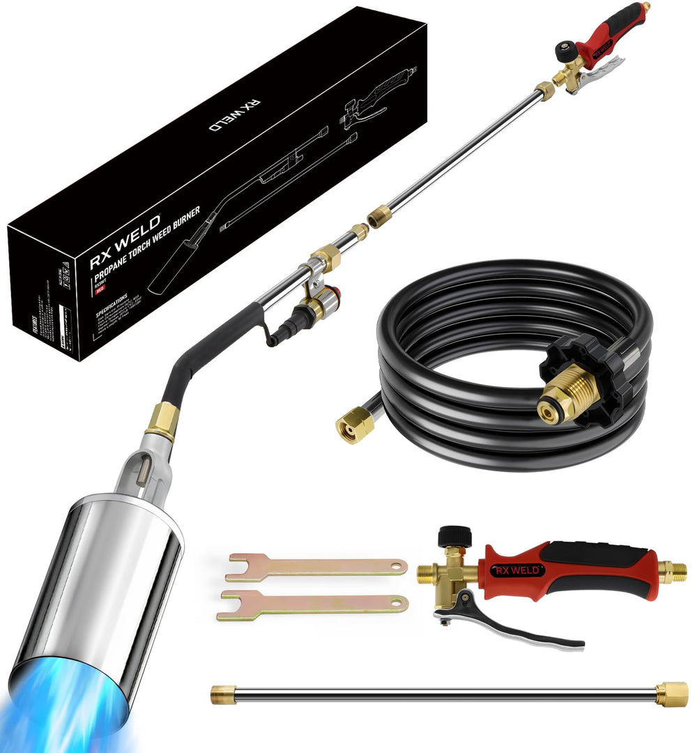 RX WELD Propane Weed Burner Torch front view with red curved spout