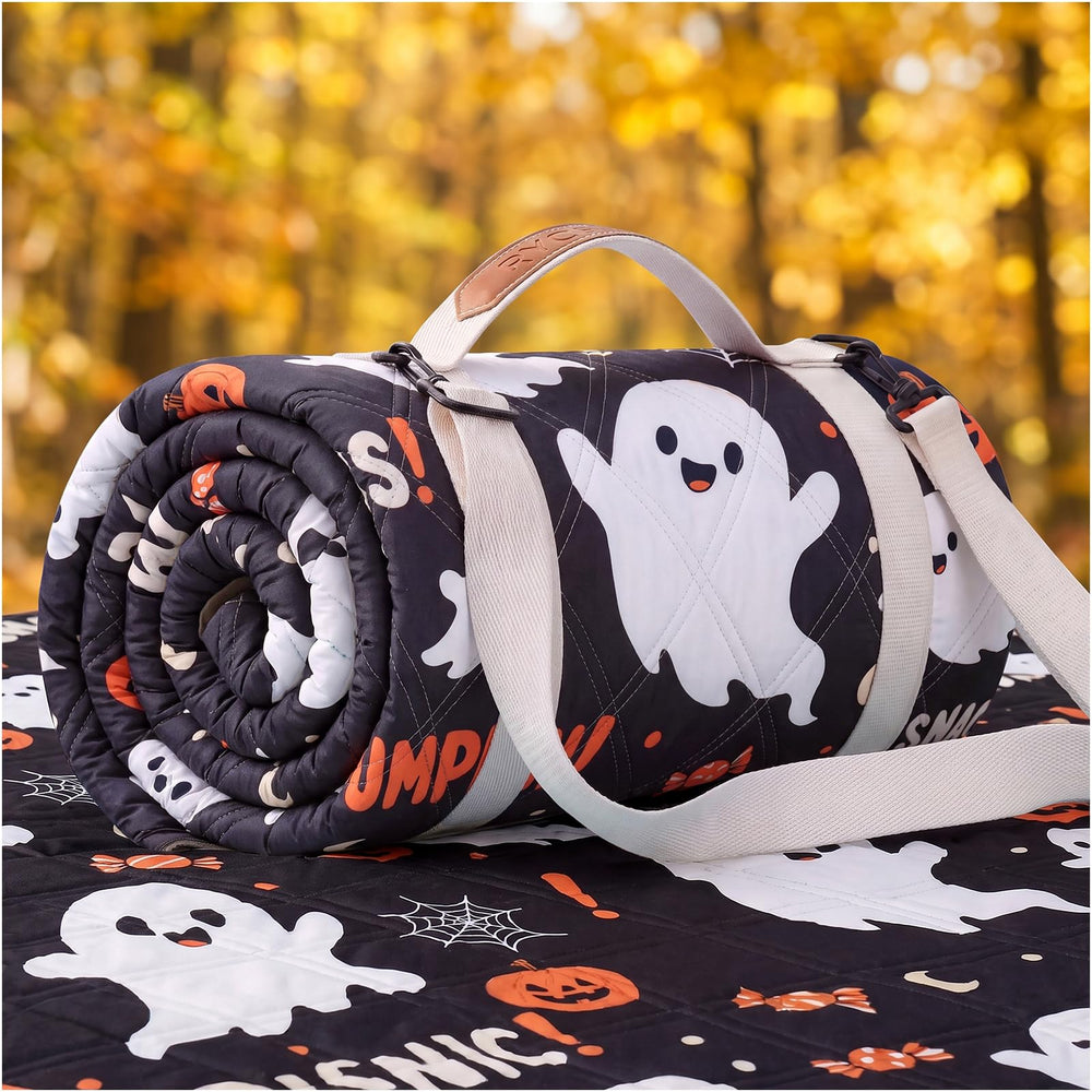 RYCHIC Extra Large Waterproof Picnic Blanket in Halloween Ghost Plaid