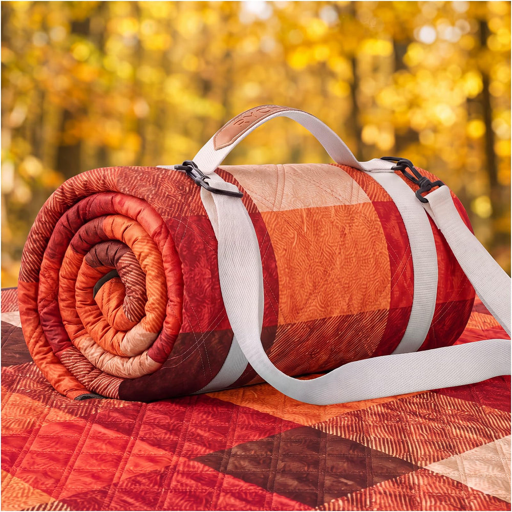 RYCHIC Waterproof Picnic Blanket Autumn Orange Red Plaid front view