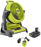 RYOBI 18V Cordless Misting Fan Kit front view with battery and charger