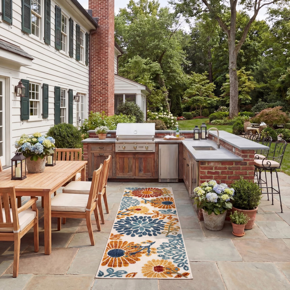 SAFAVIEH Cabana Outdoor Runner Rug 2'x8' in cream and red floral design