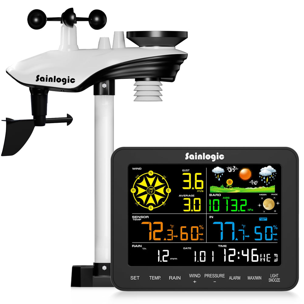 sainlogic 12-in-1 Wireless Weather Station front view with 6.5-inch display