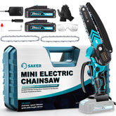 Saker Mini Chainsaw 6 Inch Blue front view with battery