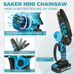 Saker Mini Chainsaw 6 Inch Blue side view showing cutting surface