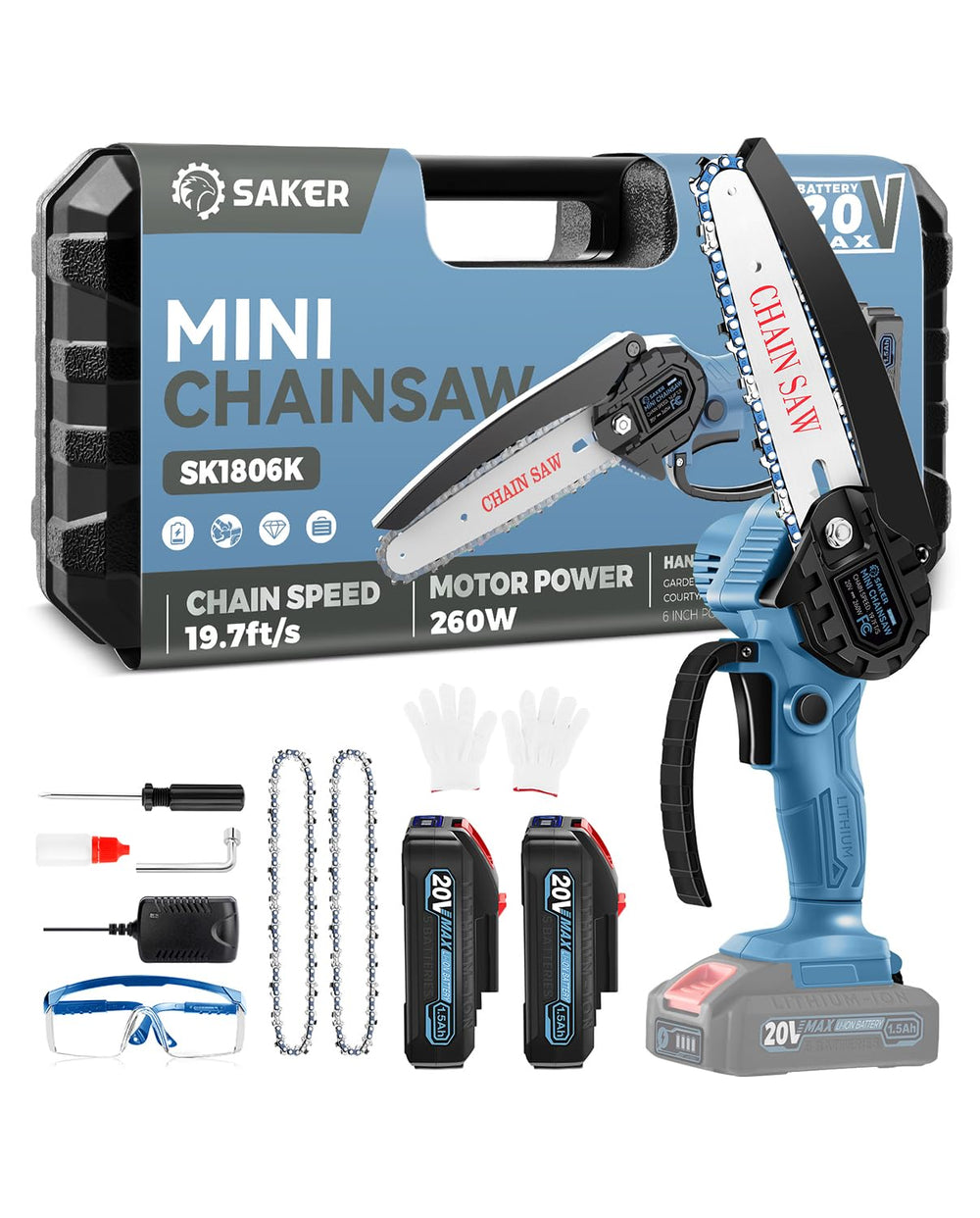 Saker Mini Chainsaw 6 Inch front view with blue finish