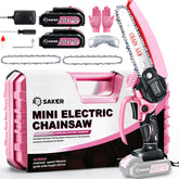 Saker Mini Chainsaw 6 Inch Pink front view with battery