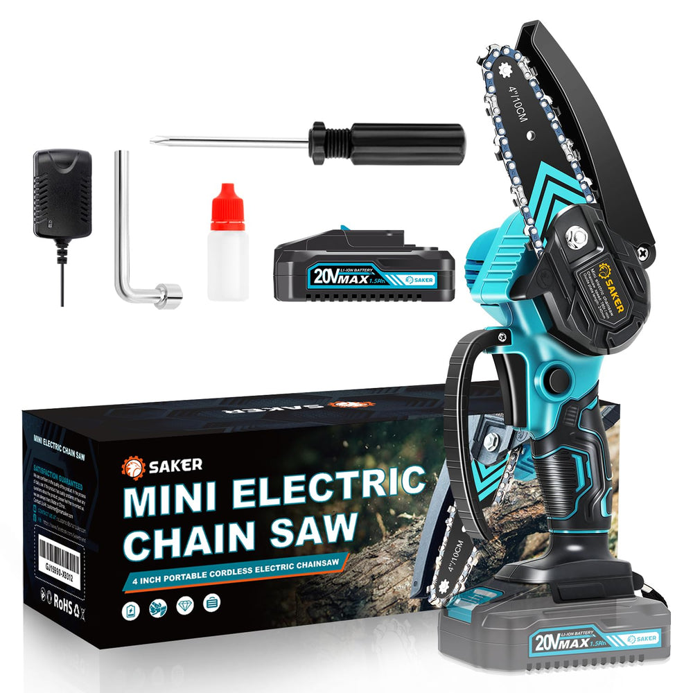 Saker Mini Chainsaw cordless, 4-inch blue model front view
