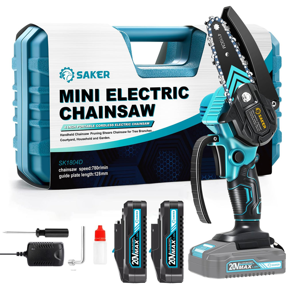 Saker Mini Chainsaw front view with blue body and guide bar