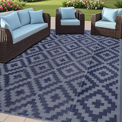SAND MINE reversible outdoor rug 5' x 8' in blue grey lattice front view