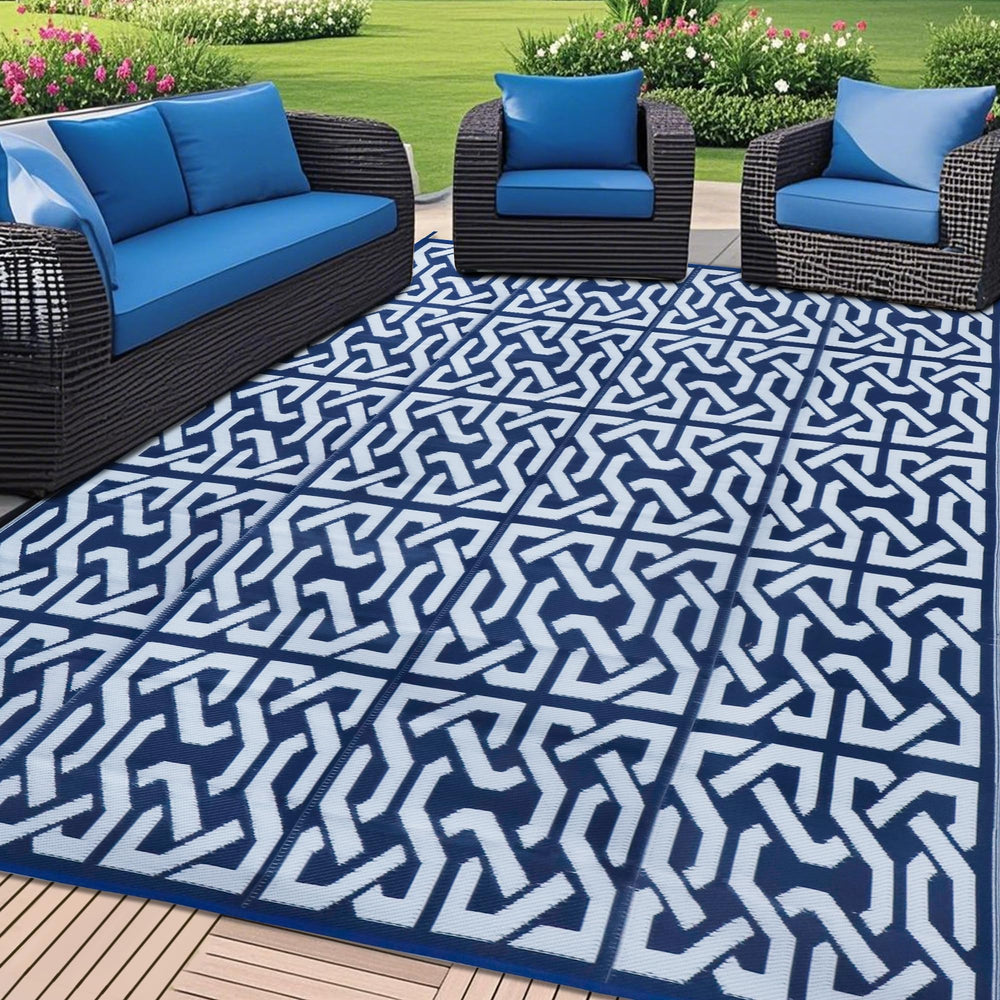 SAND MINE Reversible Outdoor Rug 9' x 12' Dark Blue & White front view