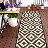 SAND MINE Reversible Outdoor Rug front view, black and beige lattice design