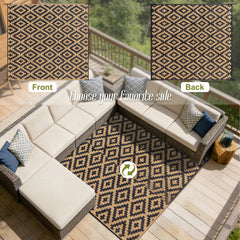 SAND MINE Reversible Rug in outdoor setting, patio with furniture