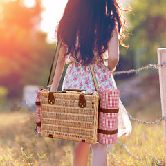 SatisInside Picnic Basket open with included blanket and cutlery