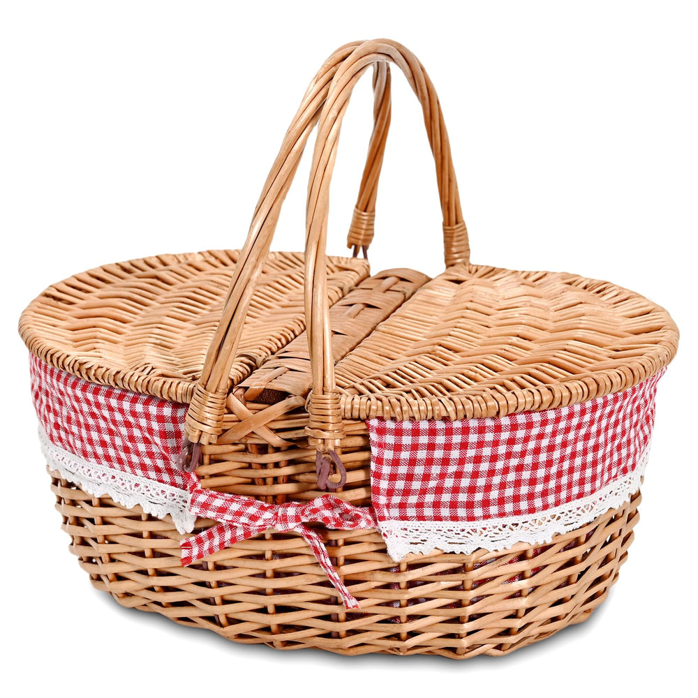SatisInside Wicker Picnic Basket front view with checkered liner