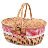 SatisInside Wicker Picnic Basket front view with checkered liner