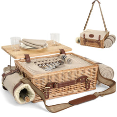 SatisInside wicker picnic basket set for 2 with blanket and table
