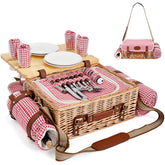 SatisInside wicker picnic basket set for 4 with blanket and table