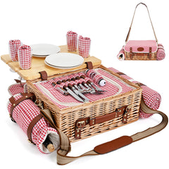 SatisInside wicker picnic basket set for 4 with blanket and table